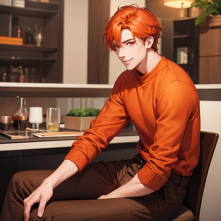 Handsome man, smiling, orange hair, red eyes, sweater, brown pants, sitting