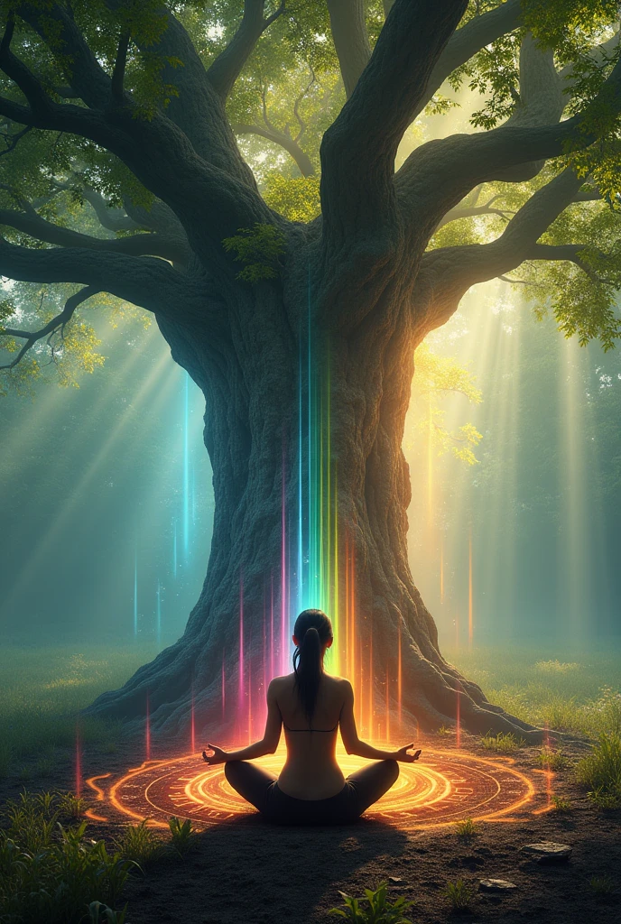 A woman meditating in front of a tree with the secrets of the universe, with energies flowing from the center of the earth to the top of the tree.
