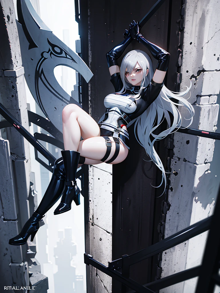 Ultrasexy, full body, ultrarealistic, ((Erza Scarlet)) wearing 2B outfit, climbing a ladder, view form below,