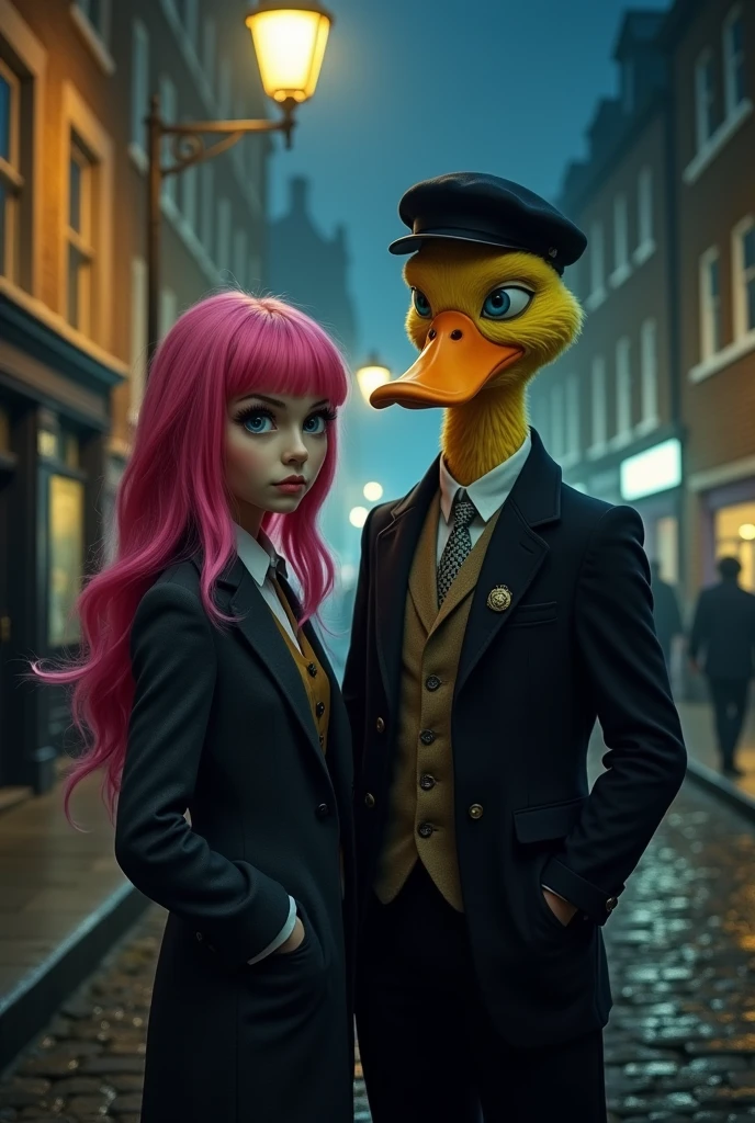 A girl with pink hair and blue eyes next to a yellow humanoid duck, Both are wearing English mafia-style clothing and wearing black berets and smoking a cigarette with serious faces, They are on a street in England at night under a streetlamp. anime girl