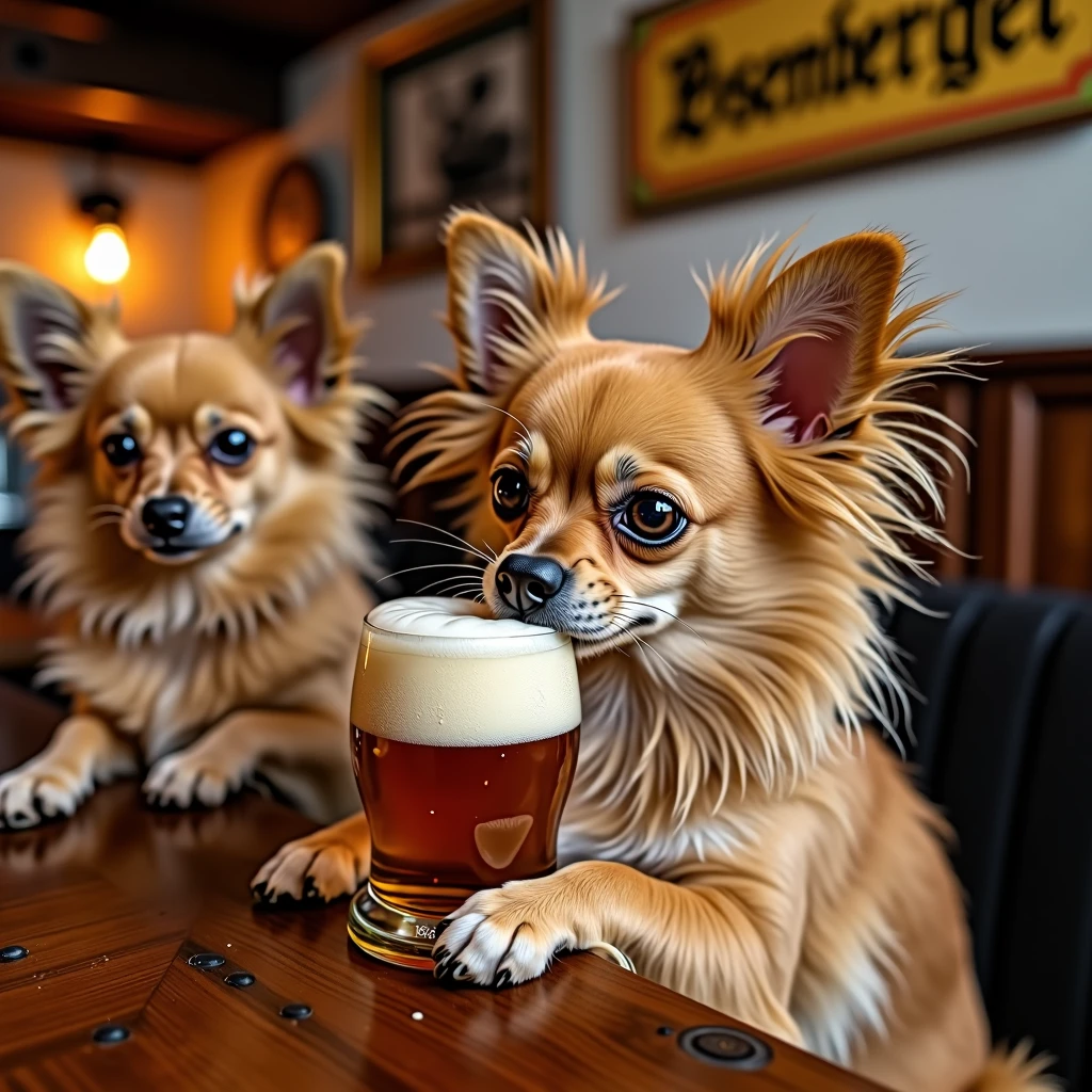 A blonde long-haired Chihuahua drinking beer in a pub together with other dogs. In the background, a sign hangs with the inscription "Rosenberger Stüberl"