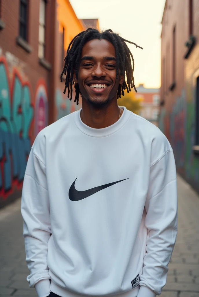 A young man with a freckle on his cheek, wearing not very long dreadlocks and a white Nike sweatshirt.