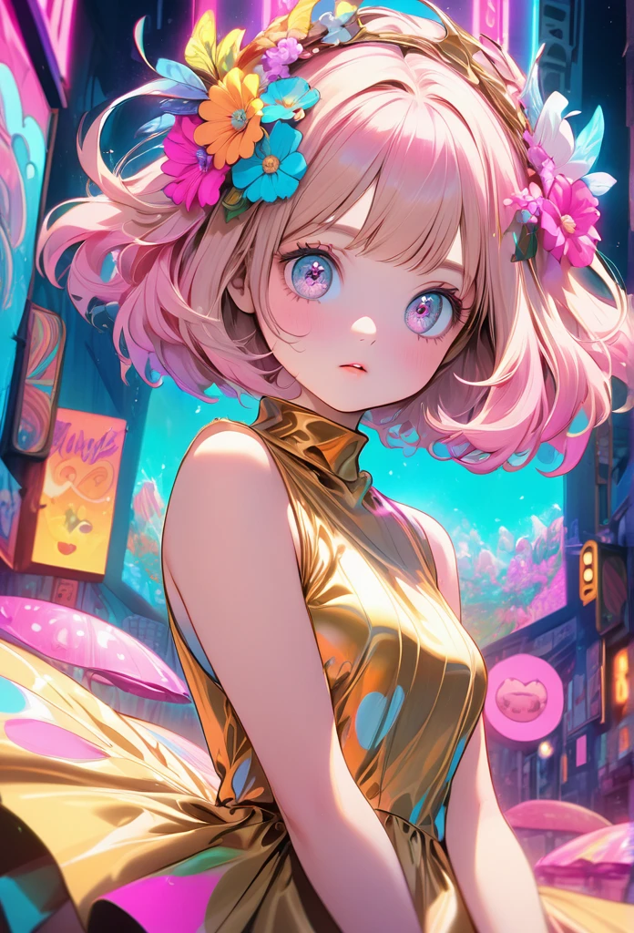 A young girl, gold dress and a flower crown, in a vibrant fantasy environment with neon lights, in a surrealist style, with a dramatic cinematic effect, kawaii, cute overload, 60s psychedelic anime style background, funky, trippy, playful, well endowed, pastel color palette, realistic