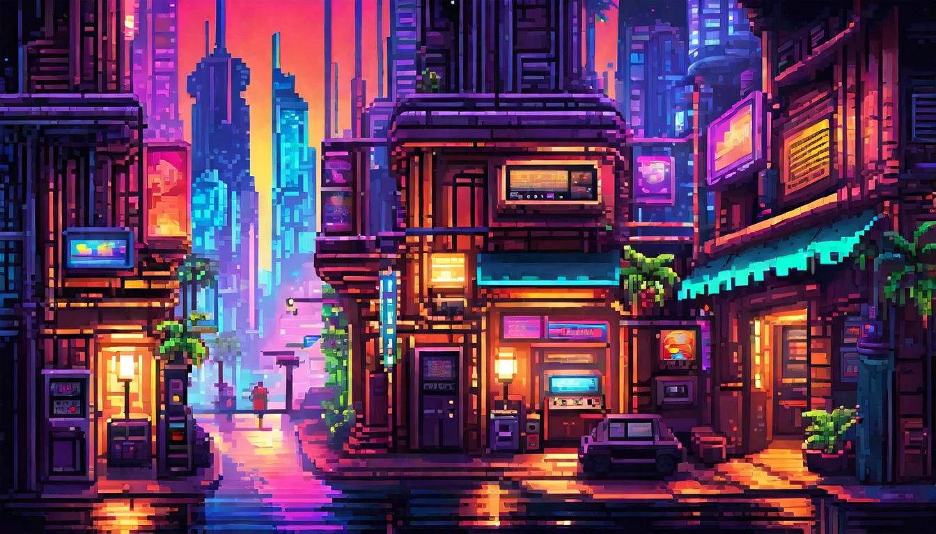 retro vintage game, classic 8-bit pixelated , guitar, futurista, super poderes, video game, night, luzes de neon, Thu, detailed pixel art, detailed environmental elements, highly detailed pixel city design, beautiful vivid colors, Immersive atmosphere, small details, nostalgia, (best qualityer, swirly vibrant colors, 8k, high resolution, work of art:1.2),ultra detali,(realisitic,photorealisitic,photo-realisitic:1.4),studio lighting,extremely detailed pixel art,extremly detailed face and eyes,extremely detailed pixel textures,incredibly intricate pixel-level detail,striking colors,swirly vibrant colors,lush pixel environment