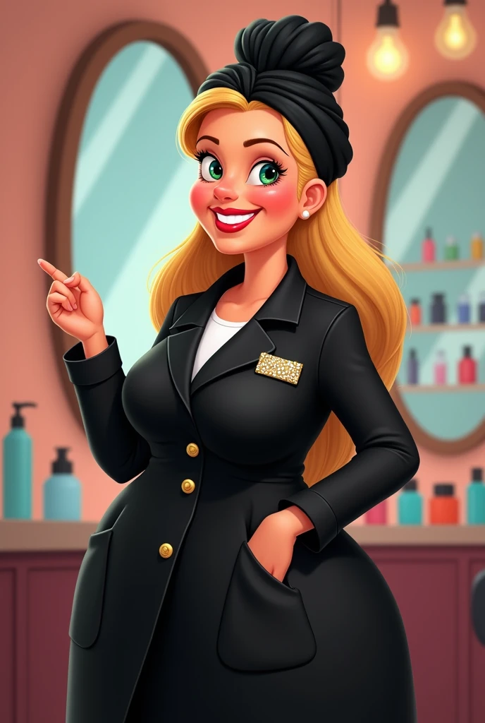 Make a beauty professional with a black lab coat, black turban, rectangular brooch, Round face, chubby, mature woman, long straight blonde hair, Disney style drawing, with right hand pointing to the side