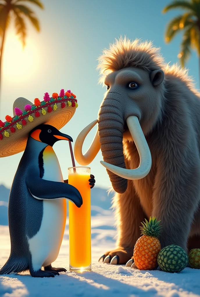 Generate an image of a penguin wearing a mariachi hat drinking pineapple juice, while a mammoth cuts his hair