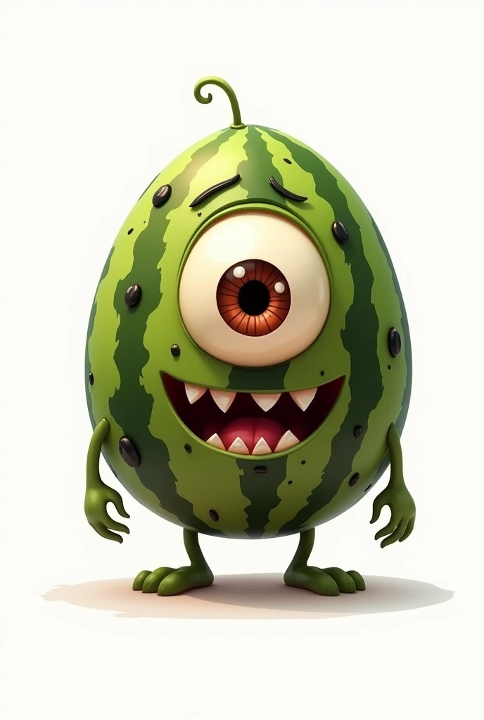 Turn a watermelon slice into a 2D animated character with monster features, only one eye, and a white background.