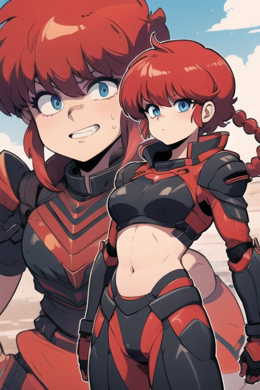 Ranmachan, Red hair, Braided hair, blue eyes, detailed eyes, Whole body, Tech Armor Mix, technological armor, belly button, belly button descubierto, flat stomach