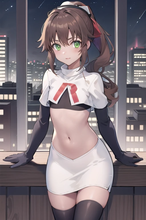 best quality, (masterpiece:1.2), illustration, absurdres,
(1girl), (solo), (beautiful detailed girl),
Towa Herschel, brown hair, ponytail, hair ribbon, green eyes, , small, short, flat chest, small breasts,
white hat, headwear,
team rocket,team rocket uniform,white skirt,red letter R,crop top,black thigh-highs,black elbow gloves,
looking at viewer, 
night, on balcony, city lights, starry sky, overlooking city,