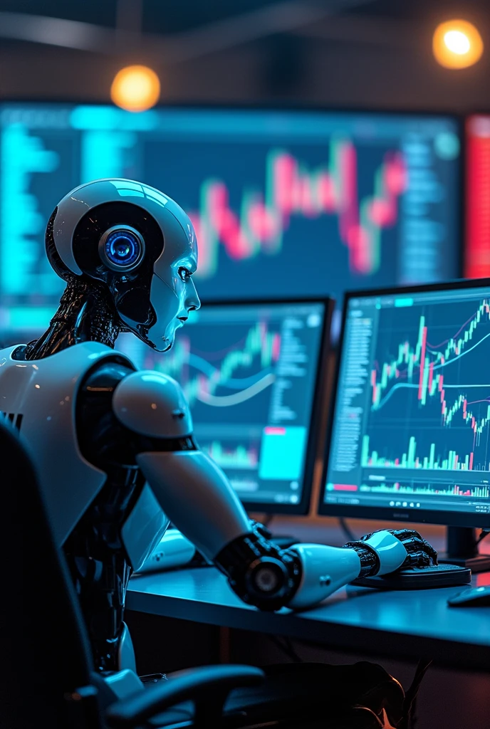robo futurista, with blue eyes, sitting at the table in front of the computer, with the letters LH on his chest, around him several monitors with stock market charts. robo. sitting front. robo sendo de frente.