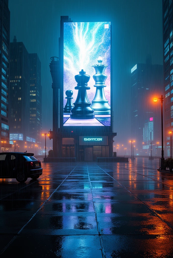 
billboard advertising chess in the blade runner city raining, wallpaper proportion 1680x1050
