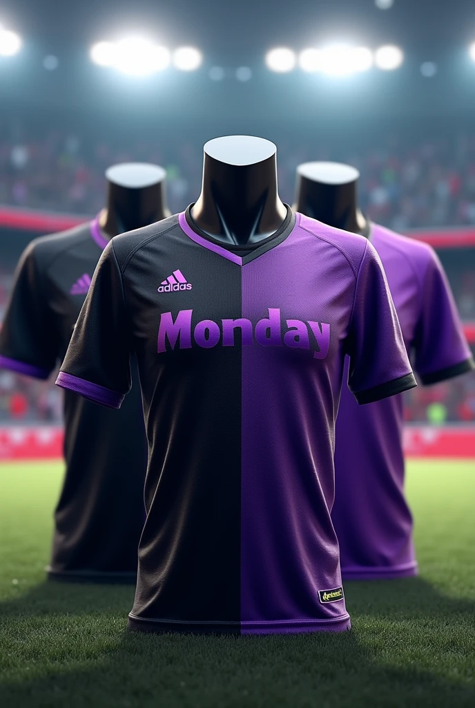 Create 3 different jerseys that say Monday, black or purple color with purple or black design