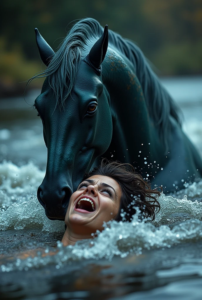 dramatic moment where the Kelpie, now partly transformed, drags an unsuspecting victim into the depths of a dark, swirling river. The creature’s body is no longer entirely horse-like, with hints of scales and aquatic features emerging. The water churns violently, and the victim’s terrified expression contrasts with the Kelpie’s cold, determined gaze. The scene captures the terrifying power and deceptive beauty of this mythical creature