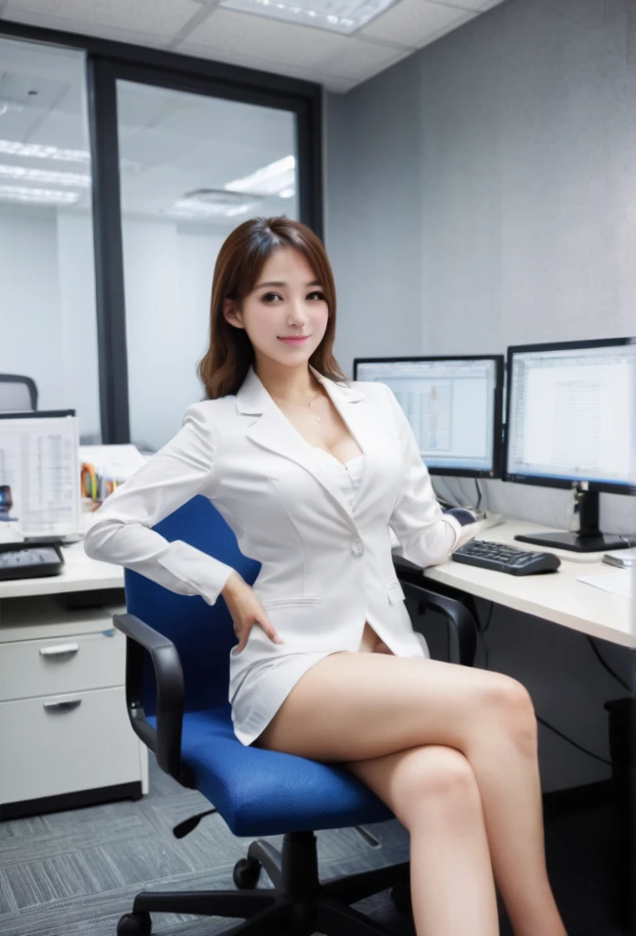 In the office of the company、Take a sexy pose、One woman sitting、Sit with your legs open