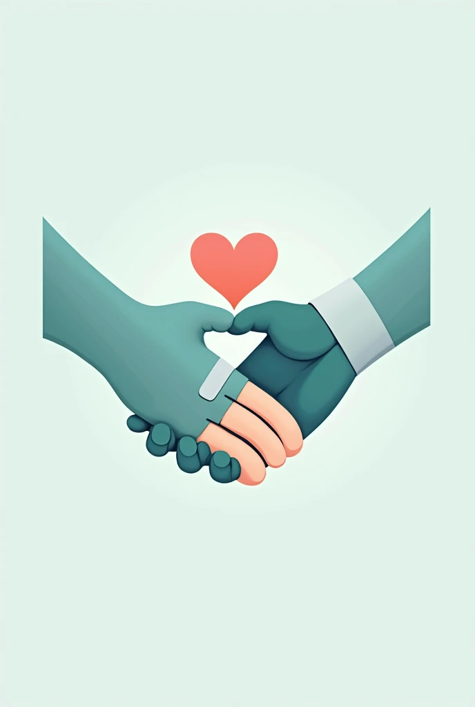 Two hands shaking hands that together form a heart. One of the hands has a injured finger, Well, it has a bandage. The image must be related to hand rehabilitation therapy. The colors must have tones according to health and rehabilitation. The image has to be a vector type to be used as a logo