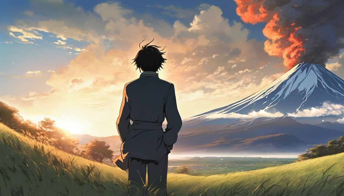(masterpiece、Highest quality）、Fuji Mountain、Destructive、Draw it clearly and large、Fuji Mountain、scared、A large volcanic eruption、Black smoke billowing from the right slope,A stylish young man stands looking up.、Let your hair flutter in the wind、The gaze is fixed on the distance。The sky is dark、Black smoke is rising.。He looks like a character from a Makoto Shinkai anime film.、The details are drawn with a lot of emotion.。Exploding from the front