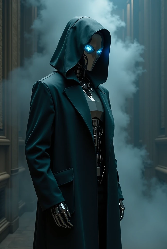 "Create an ultra-realistic image of a futuristic humanoid robot inspired by the style of the 'Project Zeta' series. The robot should wear a dark, sleek trench coat with a hood that partially covers its head. The design should include metallic, polished surfaces with intricate mechanical details, and glowing blue eyes. The robot stands upright, looking directly at the viewer with an intense and focused gaze. The background should be dark and slightly misty, with subtle lighting that highlights the robot's features, adding a sense of mystery and depth."