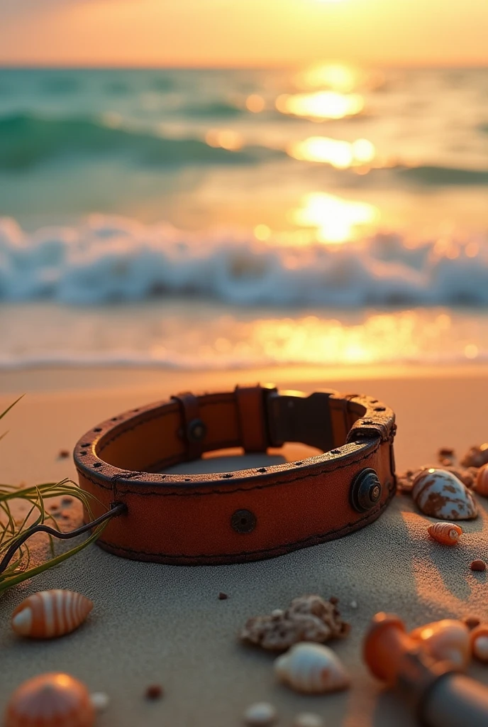 A wide leather handcuff lies on the beach.