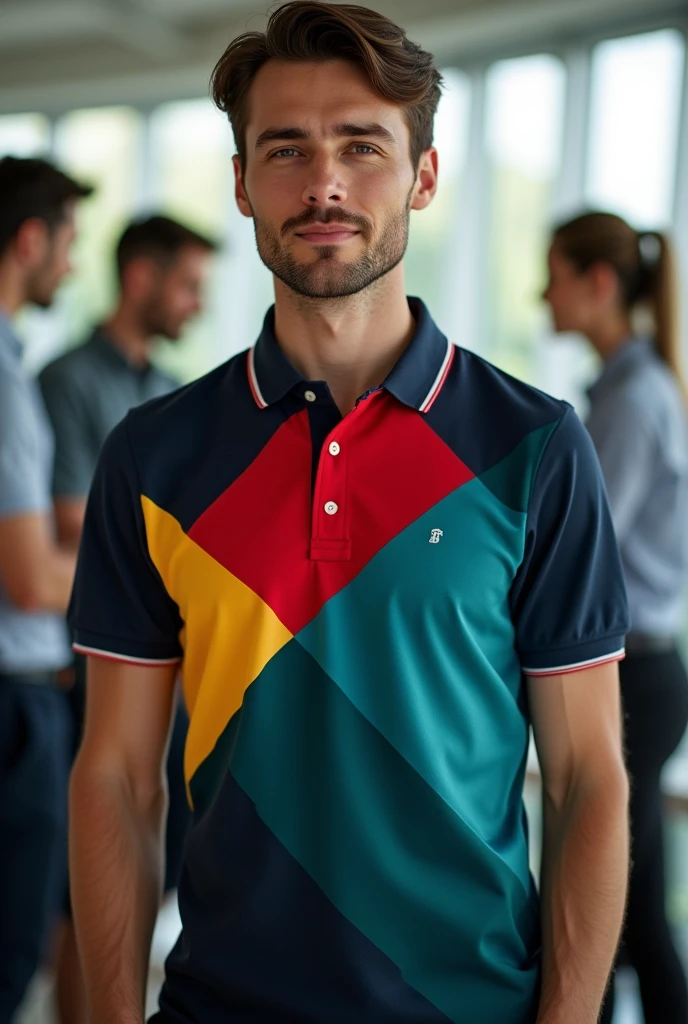I want you to create polo shirts for the salespeople of my company. with the colors, dark blue, red and teal and yellow. Want 3 t-shirt models? 