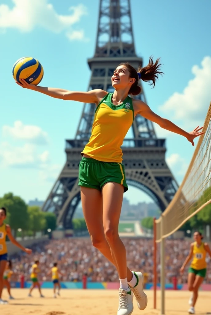 with dark brown hair and eyes and white skin with a delicate teenage face playing volleyball in Paris at the Eiffel Tower during the Olympics in the Brazilian uniform