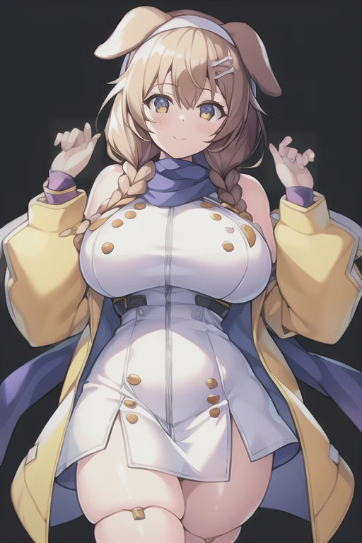 1girl, Korone, smile, dog ears, twin braids, sidelocks, hair ornament, ((white dress)), jacket, yellow jacket, jacket, open clothes, open jacket, dress, short dress, sleeveless dress, huge breasts, wide hips, thick thighs, tall, tall female, mature female, bandana, scarf, hourglass figure, standing, ((mature female)), ((scarf))