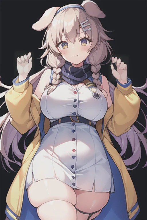 1girl, Korone, smile, dog ears, twin braids, sidelocks, hair ornament, ((white dress)), jacket, yellow jacket, jacket, open clothes, open jacket, dress, short dress, sleeveless dress, huge breasts, wide hips, thick thighs, tall, tall female, mature female, bandana, scarf, hourglass figure, standing, ((mature female)), ((scarf))