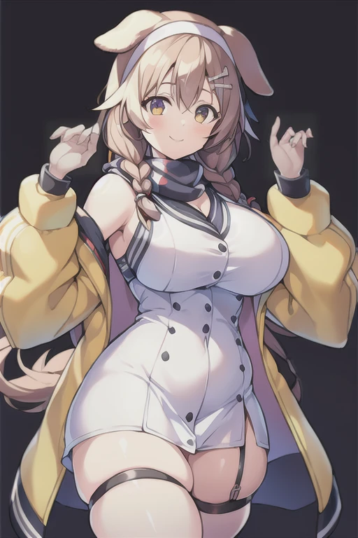 1girl, Korone, smile, dog ears, twin braids, sidelocks, hair ornament, ((white dress)), jacket, yellow jacket, jacket, open clothes, open jacket, dress, short dress, sleeveless dress, huge breasts, wide hips, thick thighs, tall, tall female, mature female, bandana, scarf, hourglass figure, standing, ((mature female)), ((scarf))