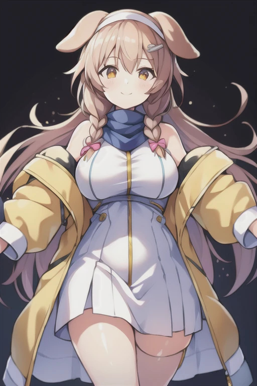 1girl, Korone, smile, dog ears, twin braids, sidelocks, hair ornament, ((white dress)), jacket, yellow jacket, jacket, open clothes, open jacket, dress, short dress, sleeveless dress, huge breasts, wide hips, thick thighs, tall, tall female, mature female, bandana, scarf, hourglass figure, standing, ((mature female)), ((scarf))