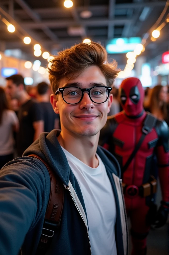Draw a young man in comic style (Peter Parker) wearing glasses, a white t-shirt and a sweatshirt tied around his neck, posing for a selfie in a low-light environment. Behind this person, someone dressed as Deadpool is posing in the picture., the comic book character. The scene appears to be at a crowded event., like a convention or a party, since there are several people in the background.