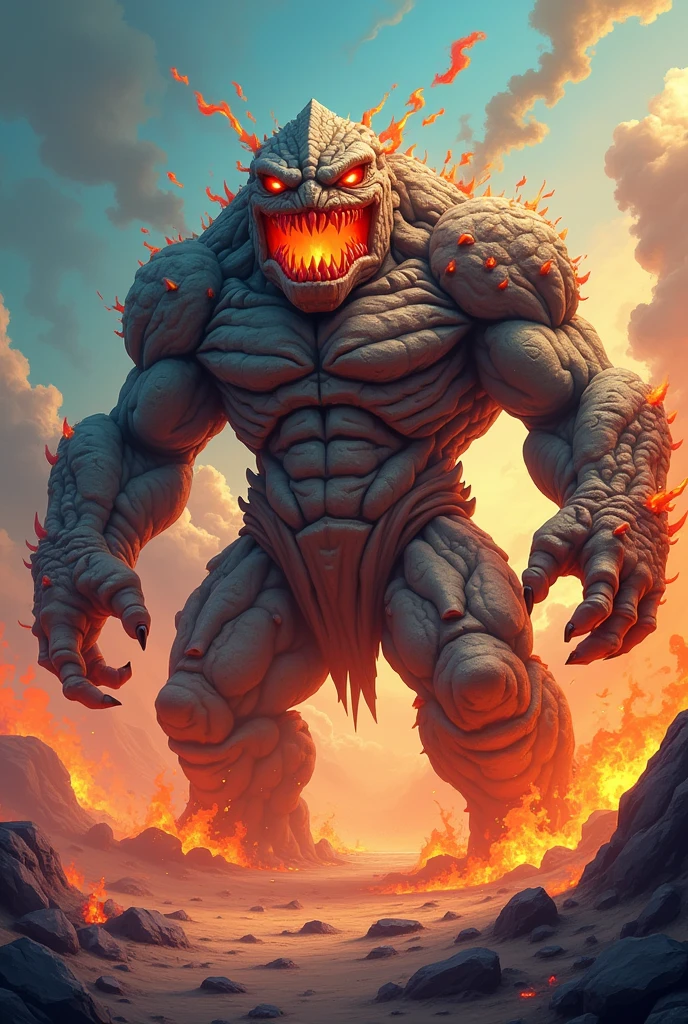 Rock Monster, toon style, with red eyes and fire around him