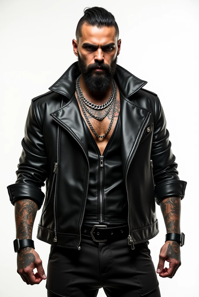 From below, a side view of a muscular man in a long black sleeved leather coat with metal studs and zippers like a rocker leather jakcet and a massive, exxagerated, tall high collar turned up tight against the sides of his face completely like a spy’s coat.
Detailed facial features, extremely detailed muscular physique, lots of chest hair, hairy chest, masculine tattoos, large penis, massive outline of bulging penis, fierce and intimidating expression, commanding pose, black mohawk, bearded face, clear and sharp lighting, photorealistic, cinematic, hyper-realistic, high quality, 8k, ultra-detailed, physically-based rendering, studio lighting. Massive bulge. Big penis outline.
Stiff Leather collar exxaggerated to the top of the head. Turne-up collar very high and stiff. Slick black leather, very polished.