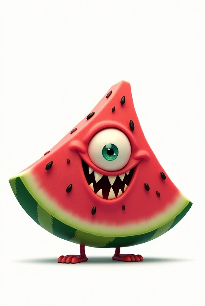 Transform a slice of watermelon into a 2D animated character with monster features, only one eye, and a white background.
