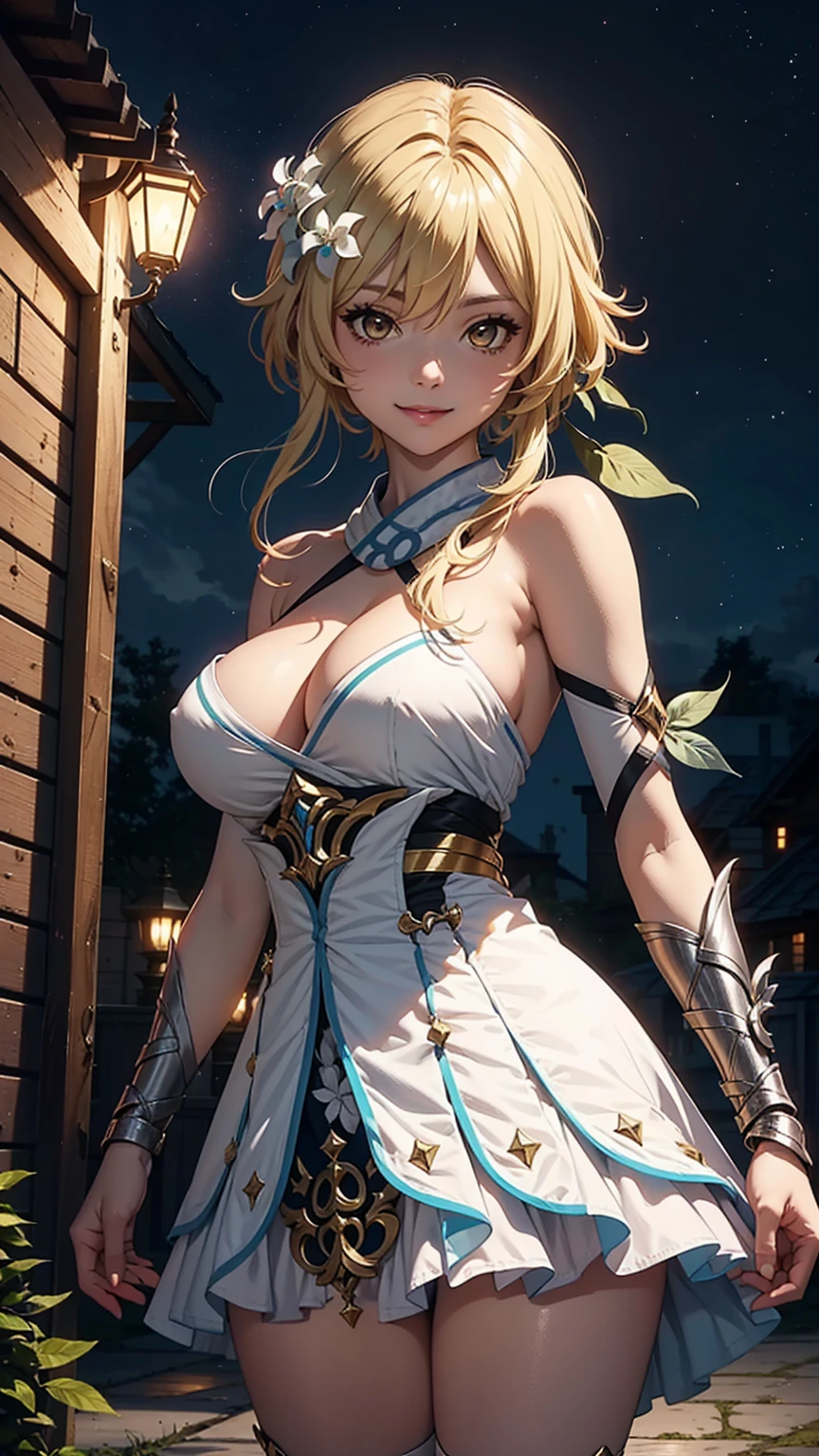 Solo,(luminedef),masterpiece,(large breast), cleavage, outdoor, night, looking at viewer, detail eyes, detail face, (standing), smile,(detailed face), dynamic view,