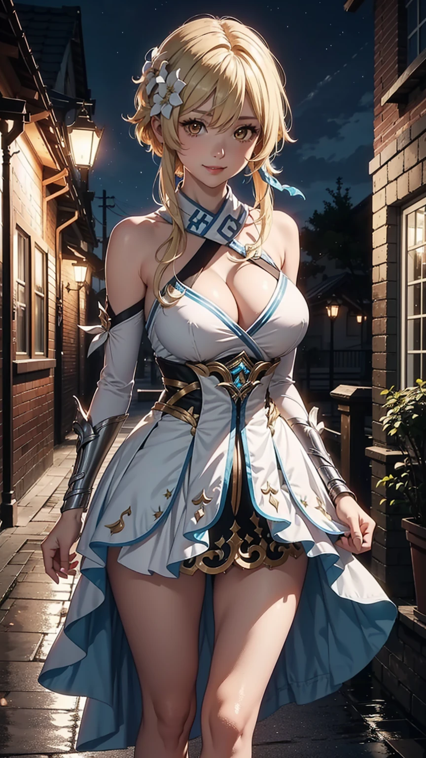Solo,(luminedef),masterpiece,(large breast), cleavage, outdoor, night, looking at viewer, detail eyes, detail face, (standing), smile,(detailed face), dynamic view,
