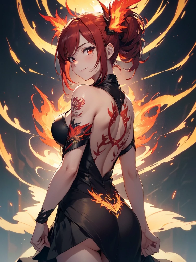 (((best quality, sharp image, clear image, cinematic lighting, 8k resolution, masterpiece, ultra detailed, intricate))) Girl, (((looking over left shoulder))), (shot from behind), ((shot from hip up)), fiery red hair, pigtails, ((intricate black dress)), ((flaming sigils, flaming runes)), spiky rock formations, (flaming lotus flowers frame), (intricate background), (chaotic background), (busy background), ((Phoenix)), (swirling flames), smiling,tatoo on back