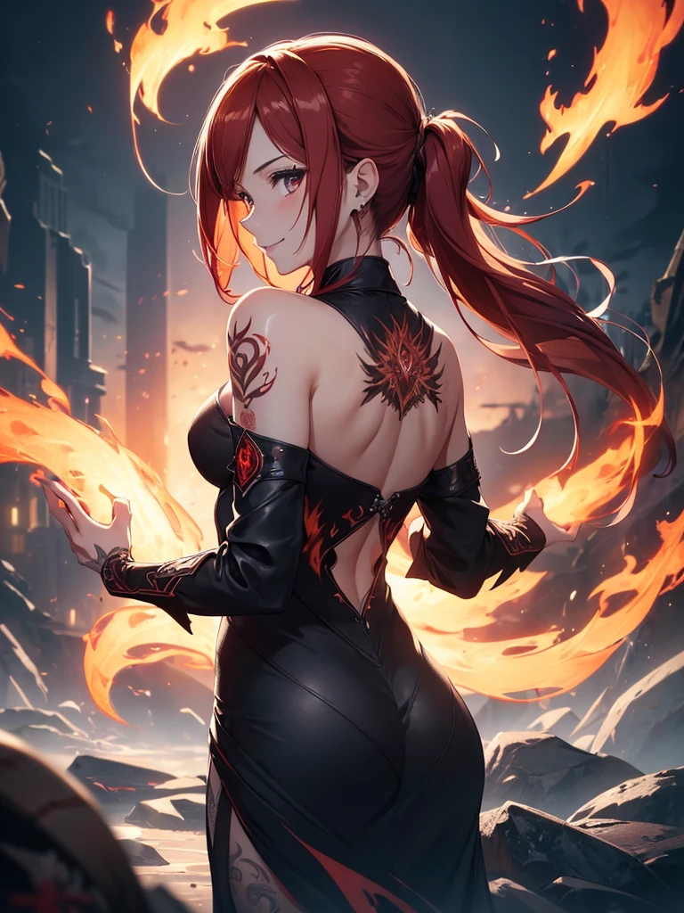 (((best quality, sharp image, clear image, cinematic lighting, 8k resolution, masterpiece, ultra detailed, intricate))) Girl, (((looking over left shoulder))), (shot from behind), ((shot from hip up)), fiery red hair, pigtails, ((intricate black dress)), ((flaming sigils, flaming runes)), spiky rock formations, (flaming lotus flowers frame), (intricate background), (chaotic background), (busy background), ((Phoenix)), (swirling flames), smiling,tatoo on back