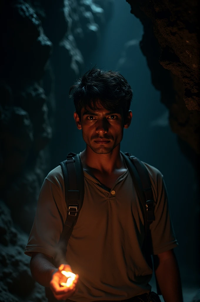 **Arjun realized his life was in danger.**
*Arjun’s face full of fear and realization, understanding the deadly situation he’s now in, with the cave’s dark walls closing in.*