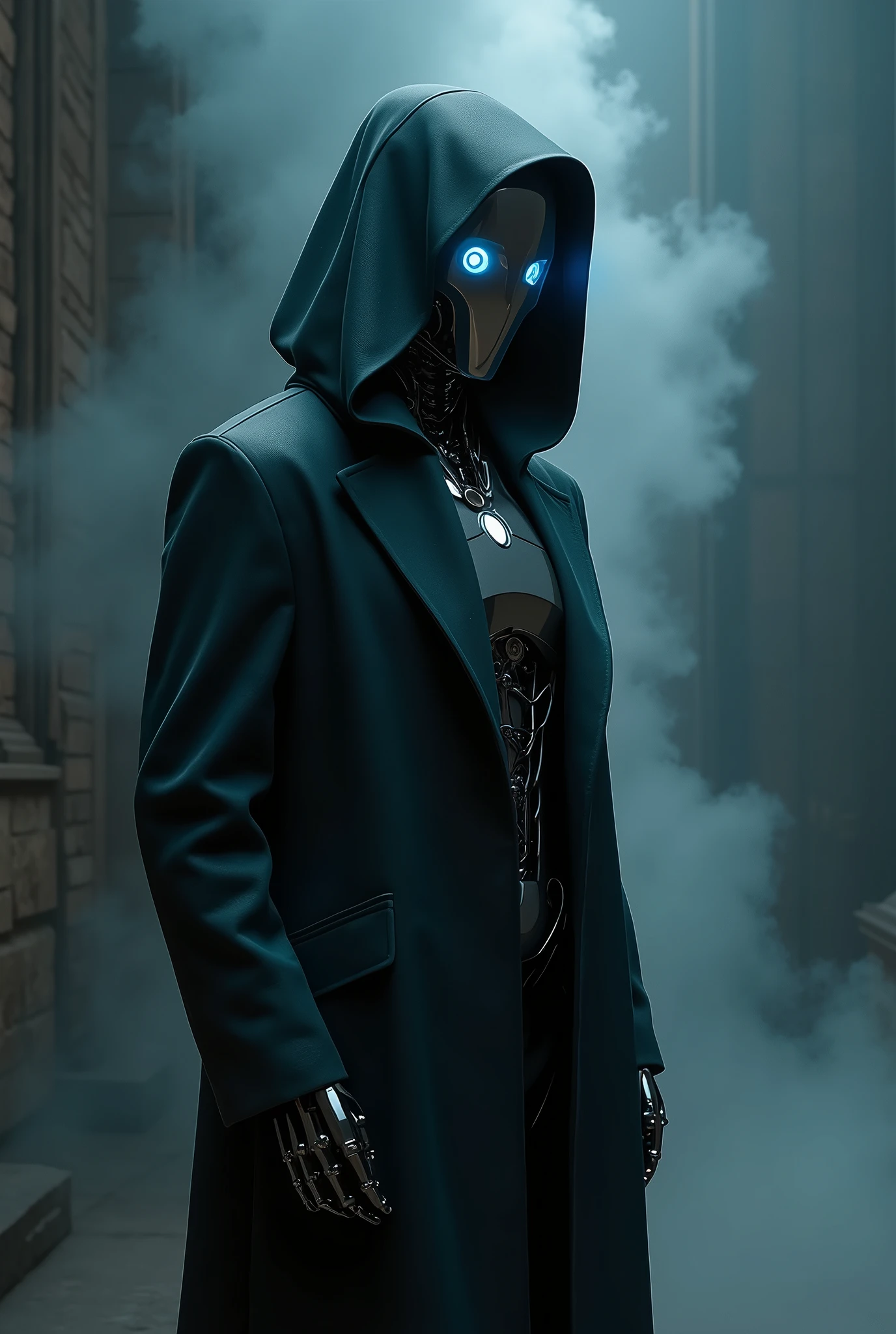 "Create an ultra-realistic image of a futuristic humanoid robot inspired by the style of the 'Project Zeta' series. The robot should wear a dark, sleek trench coat with a hood that partially covers its head. The design should include metallic, polished surfaces with intricate mechanical details, and glowing blue eyes. The robot stands upright, looking directly at the viewer with an intense and focused gaze. The background should be dark and slightly misty, with subtle lighting that highlights the robot's features, adding a sense of mystery and depth."