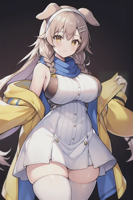 1girl, Korone, smile, dog ears, twin braids, sidelocks, hair ornament, ((white dress)), jacket, yellow jacket, jacket, open clothes, open jacket, dress, short dress, sleeveless dress, huge breasts, wide hips, thick thighs, tall, tall female, mature female, bandana, scarf, hourglass figure, standing, ((mature female)), ((scarf))