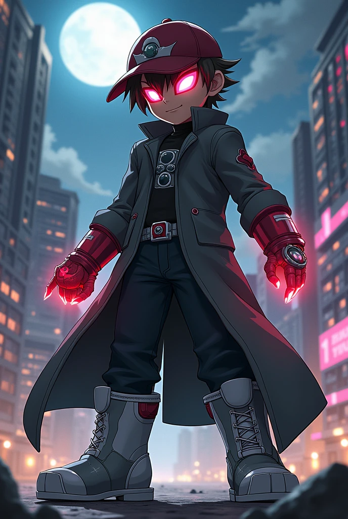 ### Appearance of **Kamemon**:

Kamemon is a robust-looking Digimon, with a mix of human and cybernetic features. Its design stands out for:

- **head**: He wears a dark red cap with metallic details that covers most of his short, dark brown hair, with red strands sticking out from the front. Behind the cap, there is a small device in the form of a visor that helps him to scan his surroundings and his enemies.
  
- **eyes**: His eyes are hidden behind a pair of gray lenses that shine slightly when he analyzes a situation or detects a nearby danger. These glasses also allow him to see in low-light conditions.

- **body**: His torso is covered by a thick, long dark gray coat, similar to Kamen, that gives it a mysterious appearance. The coat is reinforced with metal plates on the inside to give it greater protection in combat. In his right hand he wears a black glove that strengthens his grip.

- **left arm**: His left arm has been replaced by a fully mechanical arm, bright red with silver details. This arm has multiple functions: can fire energy beams and transform into different combat tools, like a cannon or an extendable claw. In combat situations, the arm emits an intense red glow.

- **legs**: His legs are covered in dark pants that are tucked into black, sturdy metal boots, with white soles that allow him to move quickly and quietly, being agile despite its size.

- **Additional Details**: He wears a crystal bracelet on his right wrist, which appears to be an important component in the operation of his tactical and defensive abilities. This crystal shines at critical moments of combat, helping him to predict enemy movements.