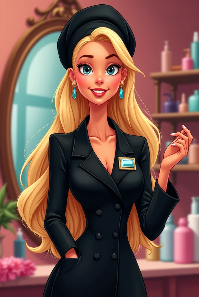Make a beauty professional with a black lab coat, black turban, rectangular brooch, Round face, chubby, mature woman, long straight blonde hair, Disney style drawing, with right hand pointing to the side