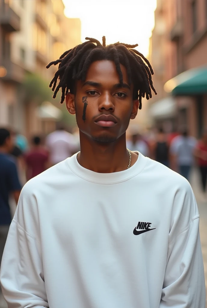 A young man with a scar on his cheek and not very long dreadlocks wearing a white Nike sweatshirt.