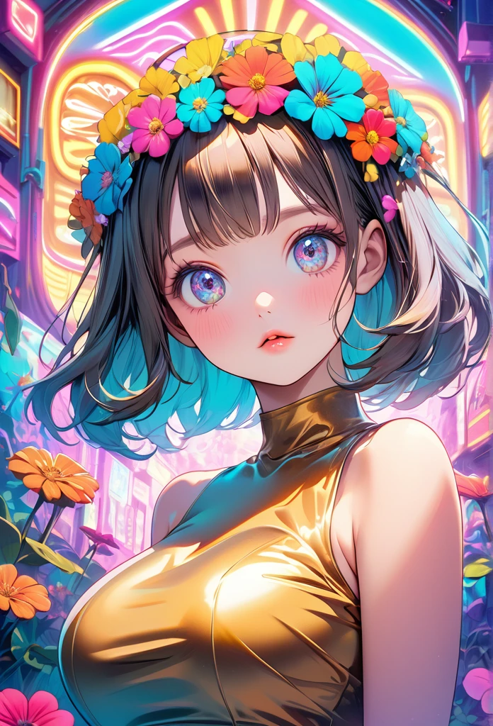 A young girl, gold dress and a flower crown, in a vibrant fantasy environment with neon lights, in a surrealist style, with a dramatic cinematic effect, kawaii, cute overload, 60s psychedelic anime style background, funky, trippy, playful, cleacage, big breasts, pastel color palette, realistic