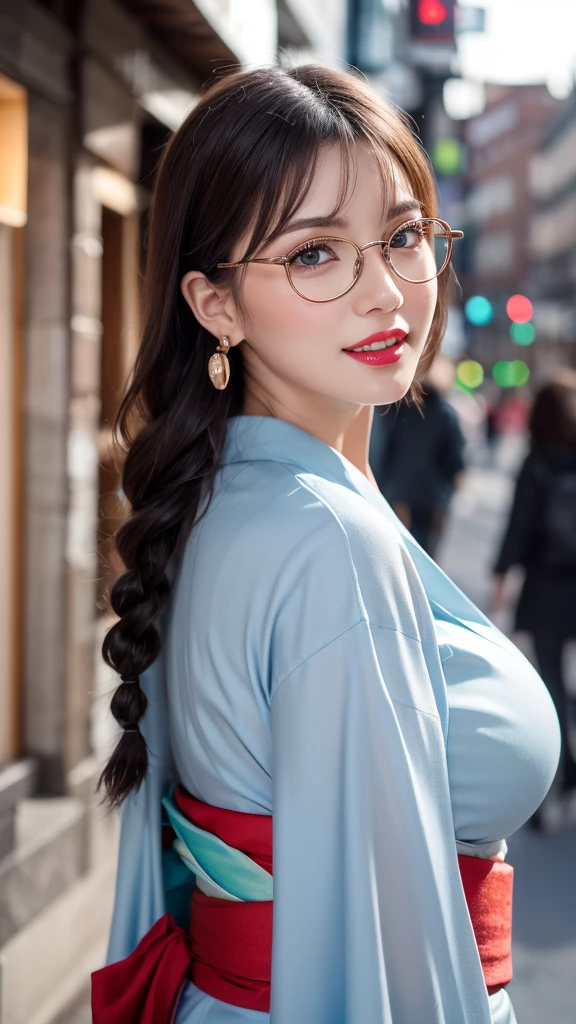 (One person:1.3), masterpiece, Highest quality, Great beauty, [[3d]], 4K, Absurd, In detail, Highly detailed eyes, Perfect Anatomy, Official Art, Cinema Lighting, break, island, Silky long hair, Long braids, Gray Hair, Highly shiny detailed blue eyes, Big eyes, Cute eyes, Thick eyebrows, Gaze Up, Open your mouth, Fuller lips, Straight teeth, Rouge, False eyelashes, Red lips, Red round self-frame glasses, Earrings, Excited face, break , Big Breasts, expensive, Moderate, Glowing Skin, Gnawing bread, From behind, break ,kimono, break,