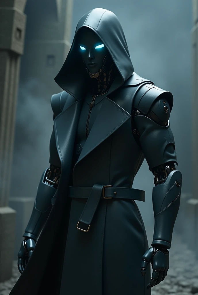 "Create an ultra-realistic image of a futuristic humanoid robot inspired by the style of the 'Project Zeta' series. The robot should wear a dark, sleek trench coat with a hood that partially covers its head. The design should include metallic, polished surfaces with intricate mechanical details, and glowing blue eyes. The robot stands upright, looking directly at the viewer with an intense and focused gaze. The background should be dark and slightly misty, with subtle lighting that highlights the robot's features, adding a sense of mystery and depth."