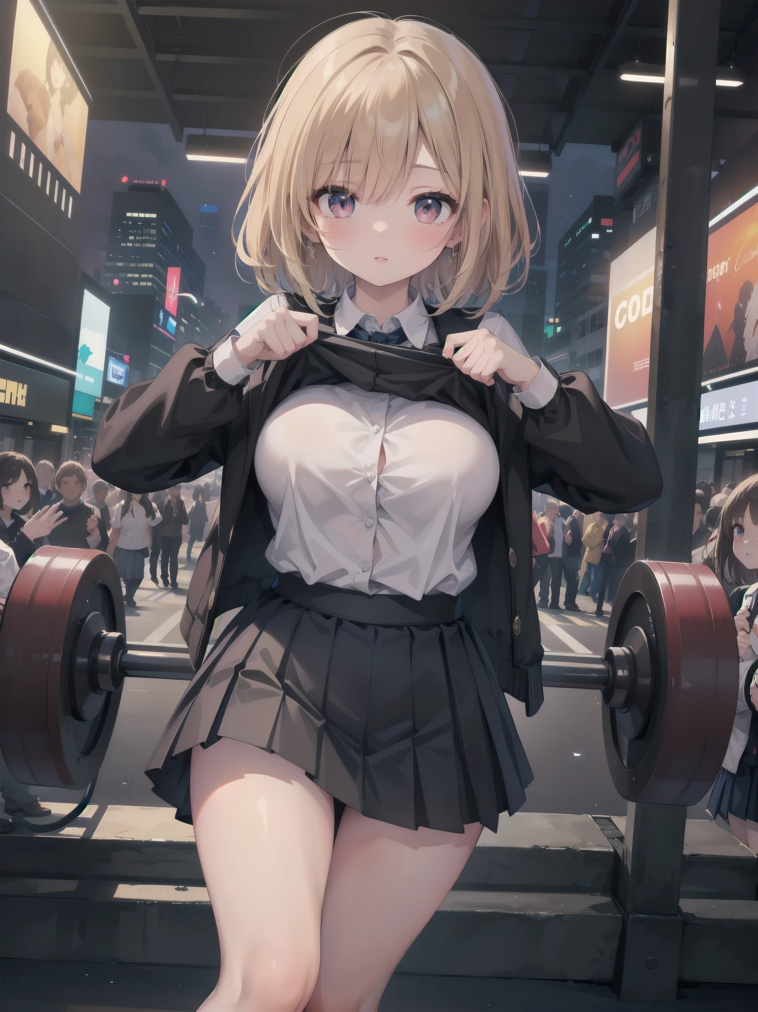 Highly detailed CG Unity 8k wallpaper, best quality, highly detailed, masterpiece, Highly detailed cute girl, 18 years old, (((lifting skirt by herself))), (lifting by herself), dynamic angles, sexy pose, blush, lips apart, looking at the audience , half body shot, (crowd), (crowded big city)), hair over one eye, immaculate beauty, upscale, less revealing clothing
