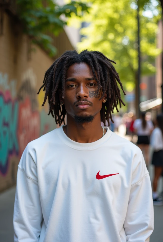 A young man with a scar on his cheek and not very long dreadlocks wearing a white Nike sweatshirt.