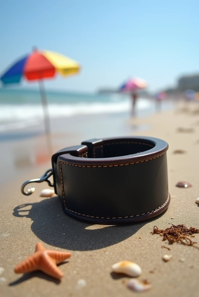 A wide black leather handcuff with lining lies on the beach.