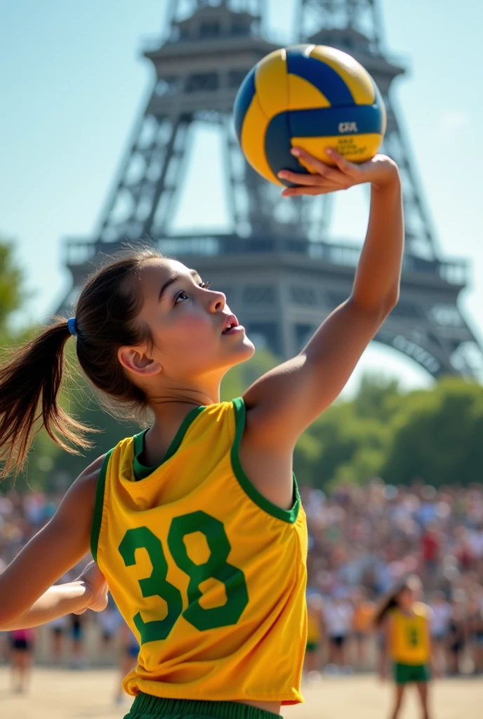 with dark brown hair and eyes and white skin with a delicate teenage face playing volleyball in Paris at the Eiffel Tower during the Olympics in the Brazilian uniform