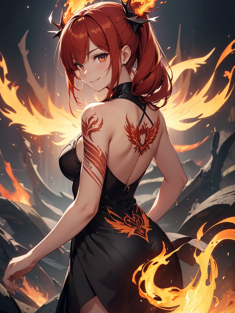 (((best quality, sharp image, clear image, cinematic lighting, 8k resolution, masterpiece, ultra detailed, intricate))) Girl, (((looking over left shoulder))), (shot from behind), ((shot from hip up)), fiery red hair, pigtails, ((intricate black dress)), ((flaming sigils, flaming runes)), spiky rock formations, (flaming lotus flowers frame), (intricate background), (chaotic background), (busy background), ((Phoenix)), (swirling flames), smiling,tatoo on back